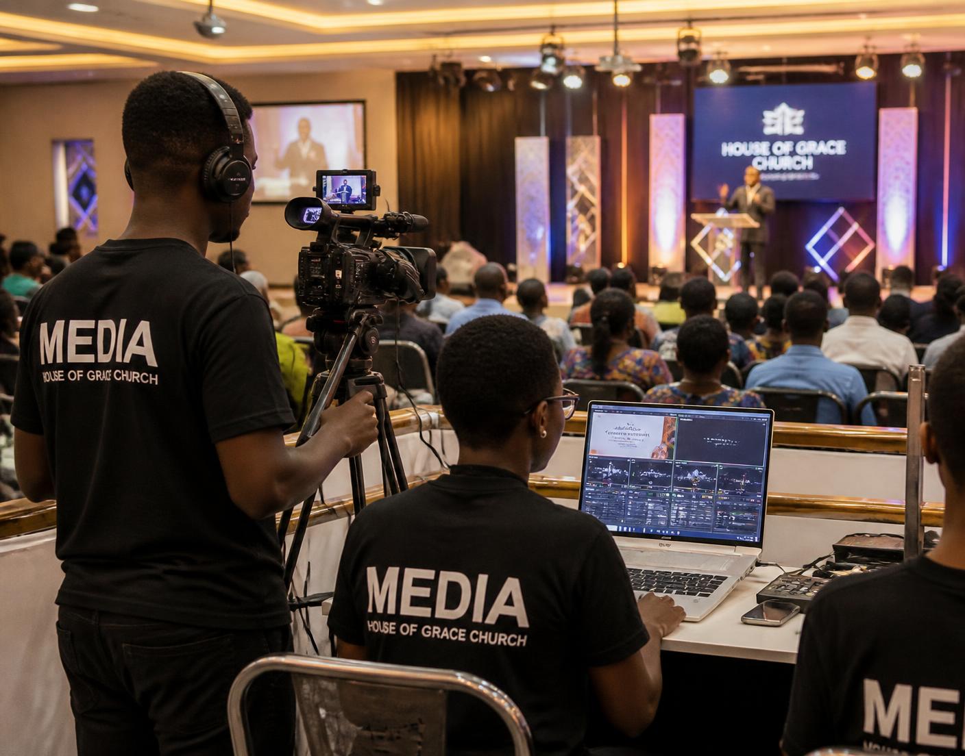 A church media team running a camera and livestream desk during a service