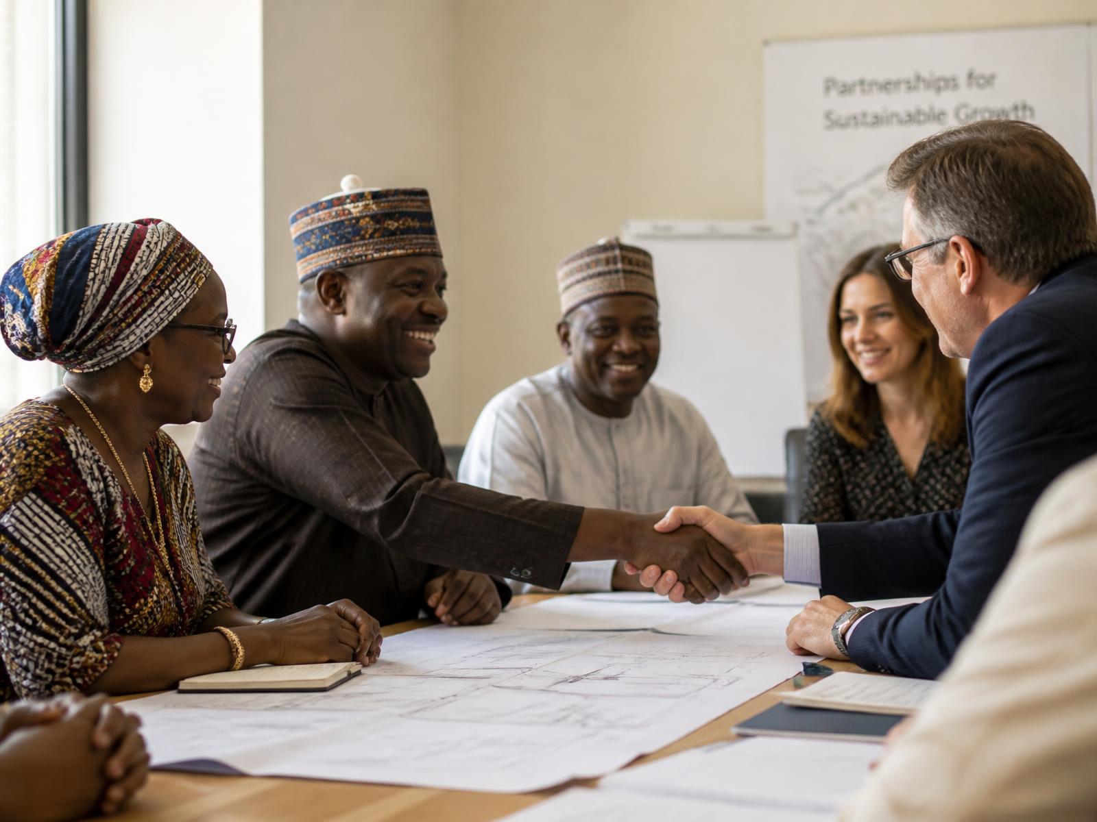 Community leaders and corporate partners meeting around plans