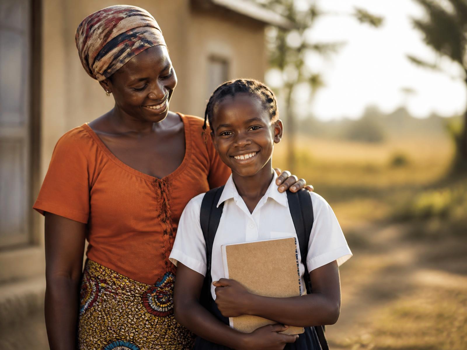A girl in school uniform holding her notebook beside her guardian
